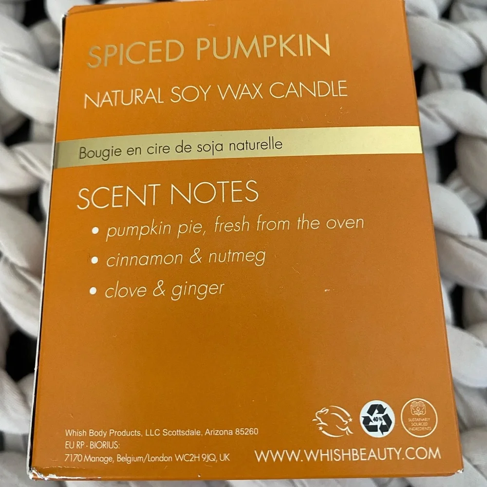 Whish Candle Spiced Pumpkin Natural Soy Wax Candle Brand New in Box NWT